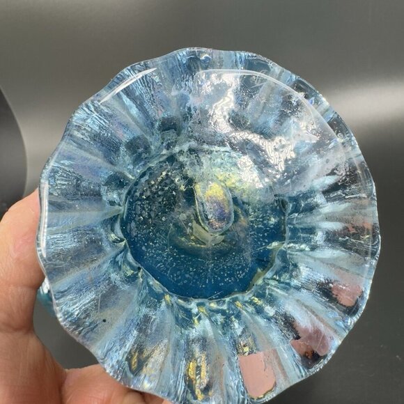 1980s Art Glass Abstract Vase Bowl Centerpiece Teal Blue Iridescent Finish Glass - Picture 6 of 15